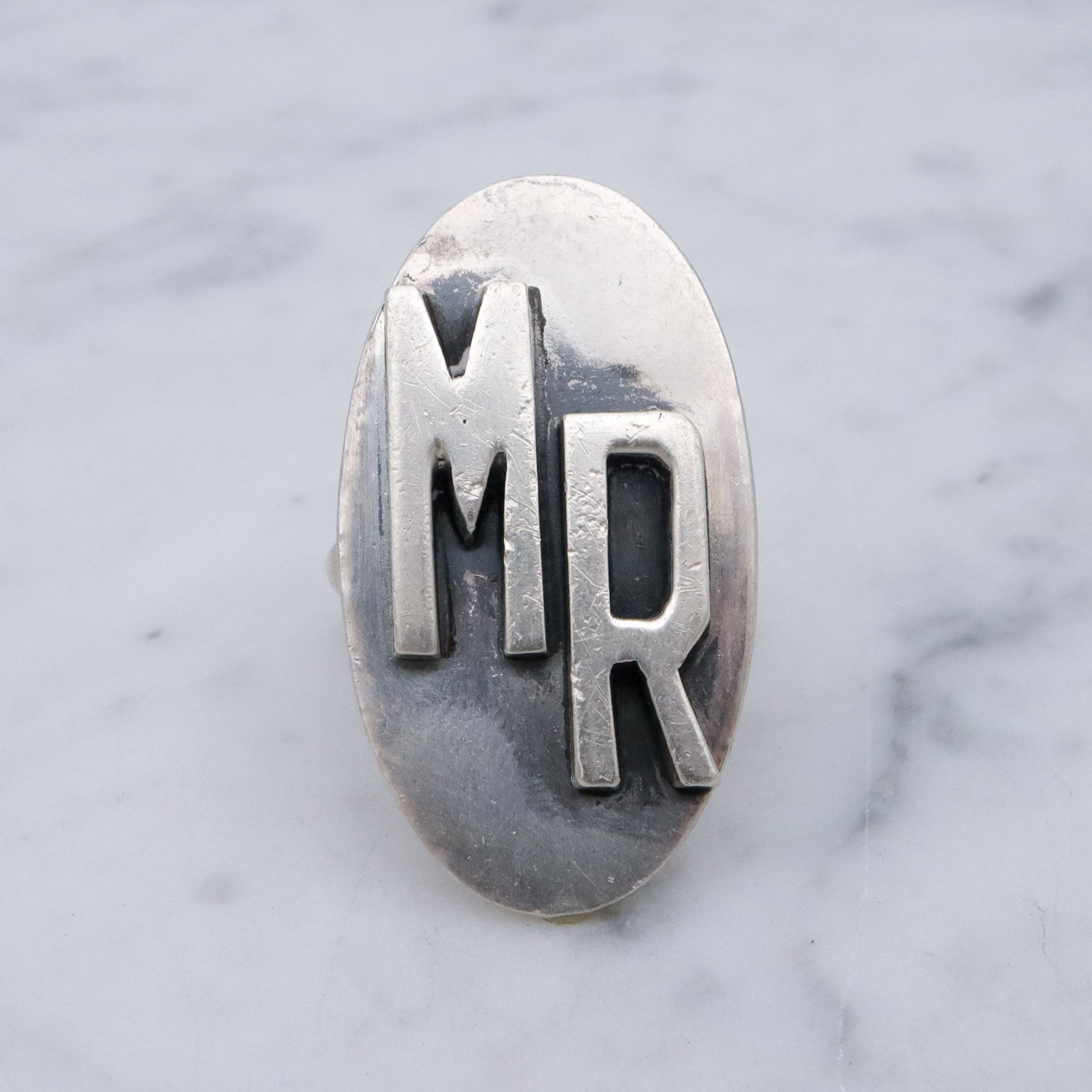 Mid Century sterling block letter "MR" ring, size 7 adjustable